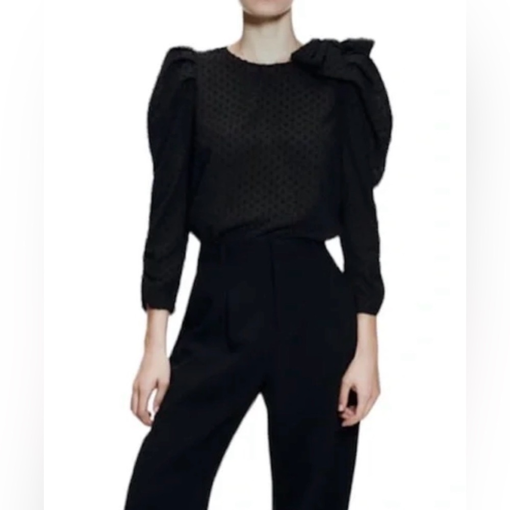Zara Black Puff-Sleeve Swiss Dot Blouse - Women